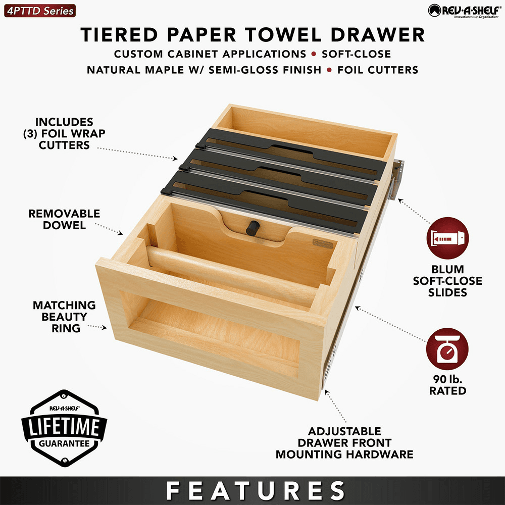 15" Paper Towel/Foil Wrap Tiered Drawer System with BLUM Soft-Close Slides for 18" Base Cabinets, Light Brown Alt 14 - Image