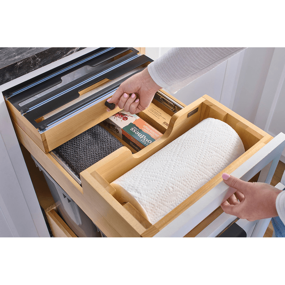 15" Paper Towel/Foil Wrap Tiered Drawer System with BLUM Soft-Close Slides for 18" Base Cabinets, Dark Brown Alt 7 - Image