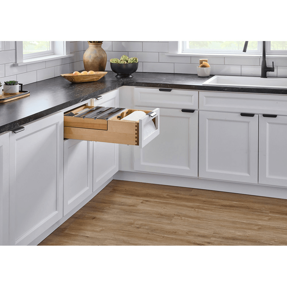 15" Paper Towel/Foil Wrap Tiered Drawer System with BLUM Soft-Close Slides for 18" Base Cabinets, Dark Brown Alt 8 - Image