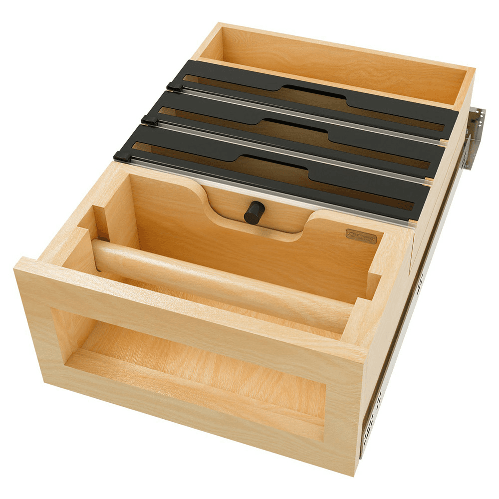 15" Paper Towel/Foil Wrap Tiered Drawer System with BLUM Soft-Close Slides for 18" Base Cabinets, Light Brown Main - Image