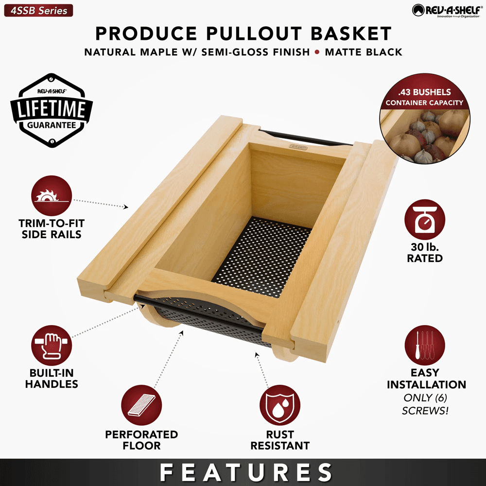 Product Basket Pullout, Maple with Matte Black Accents - Features