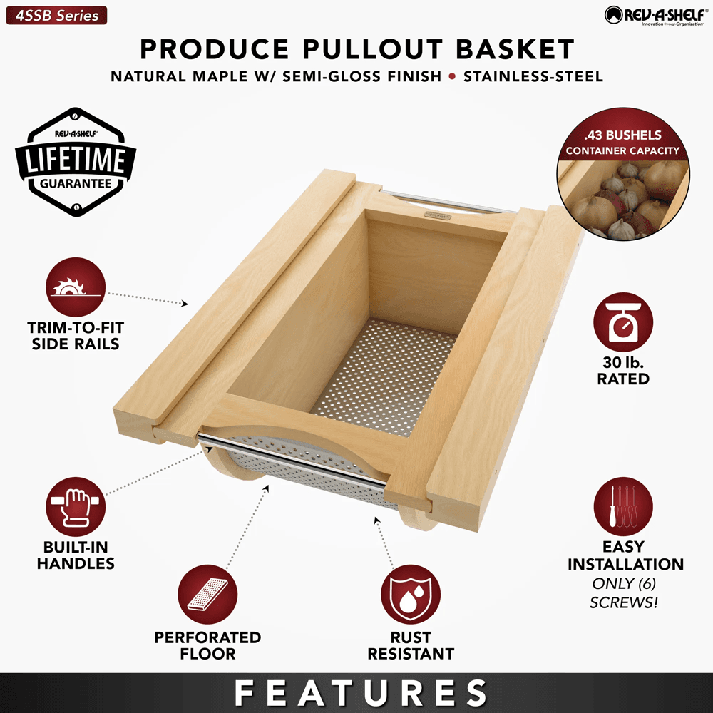 Product Basket Pullout, Maple with Stainless Steel Accents - Features