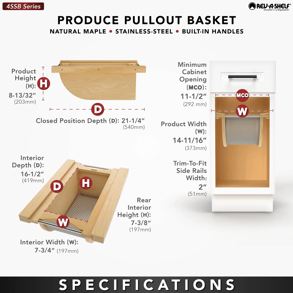 Product Basket Pullout, Maple with Stainless Steel Accents - Specifications
