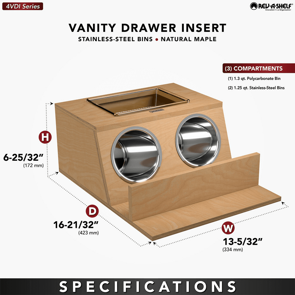 13-5/32" Vanity Drawer Insert with Stainless Steel Bin for 18" Vanity Base Cabinet Drawers, Brown Alt 6 - Image