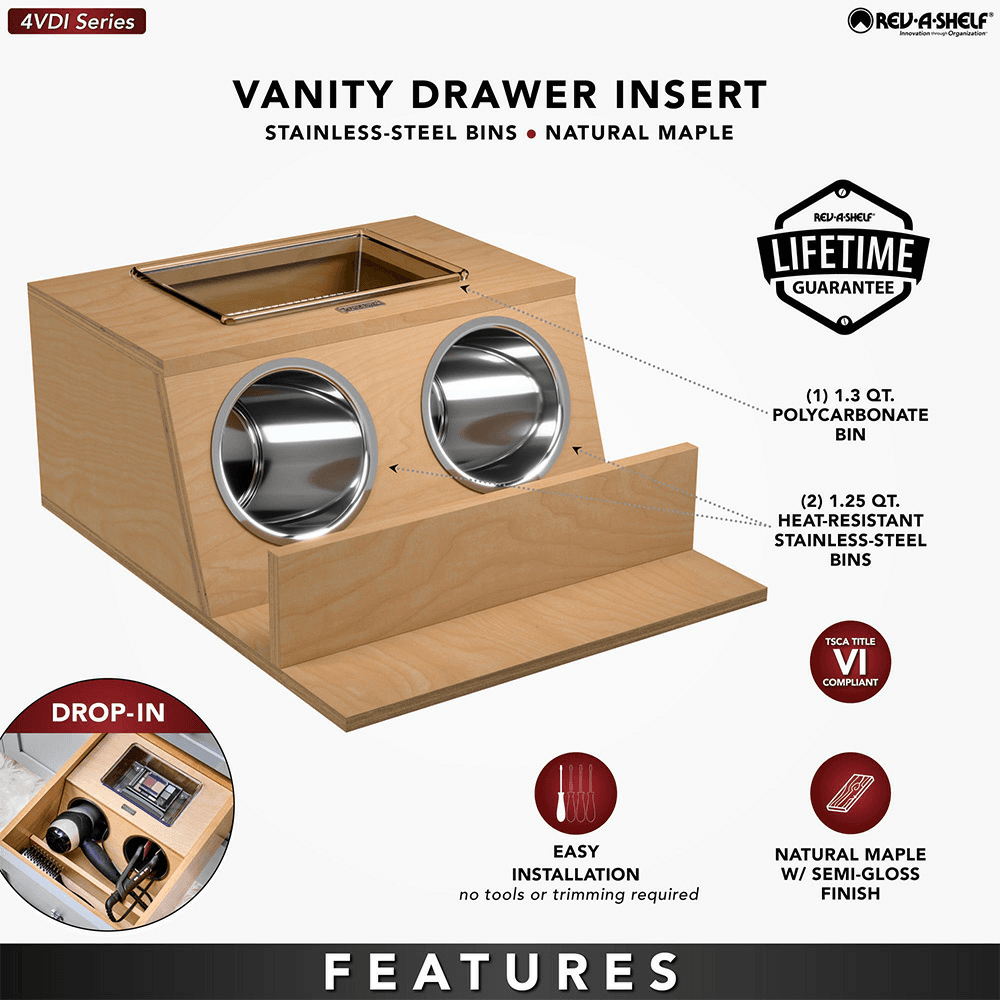 13-5/32" Vanity Drawer Insert with Stainless Steel Bin for 18" Vanity Base Cabinet Drawers, Brown Alt 7 - Image