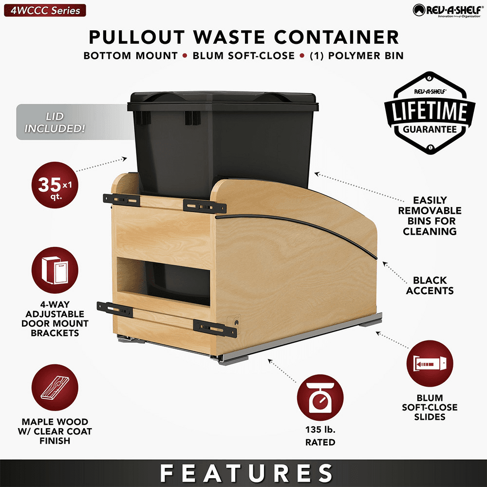 Single 35 Qt. Craftsman Collection Bottom Mount Pullout Waste Container, Black Alt 7 - Image