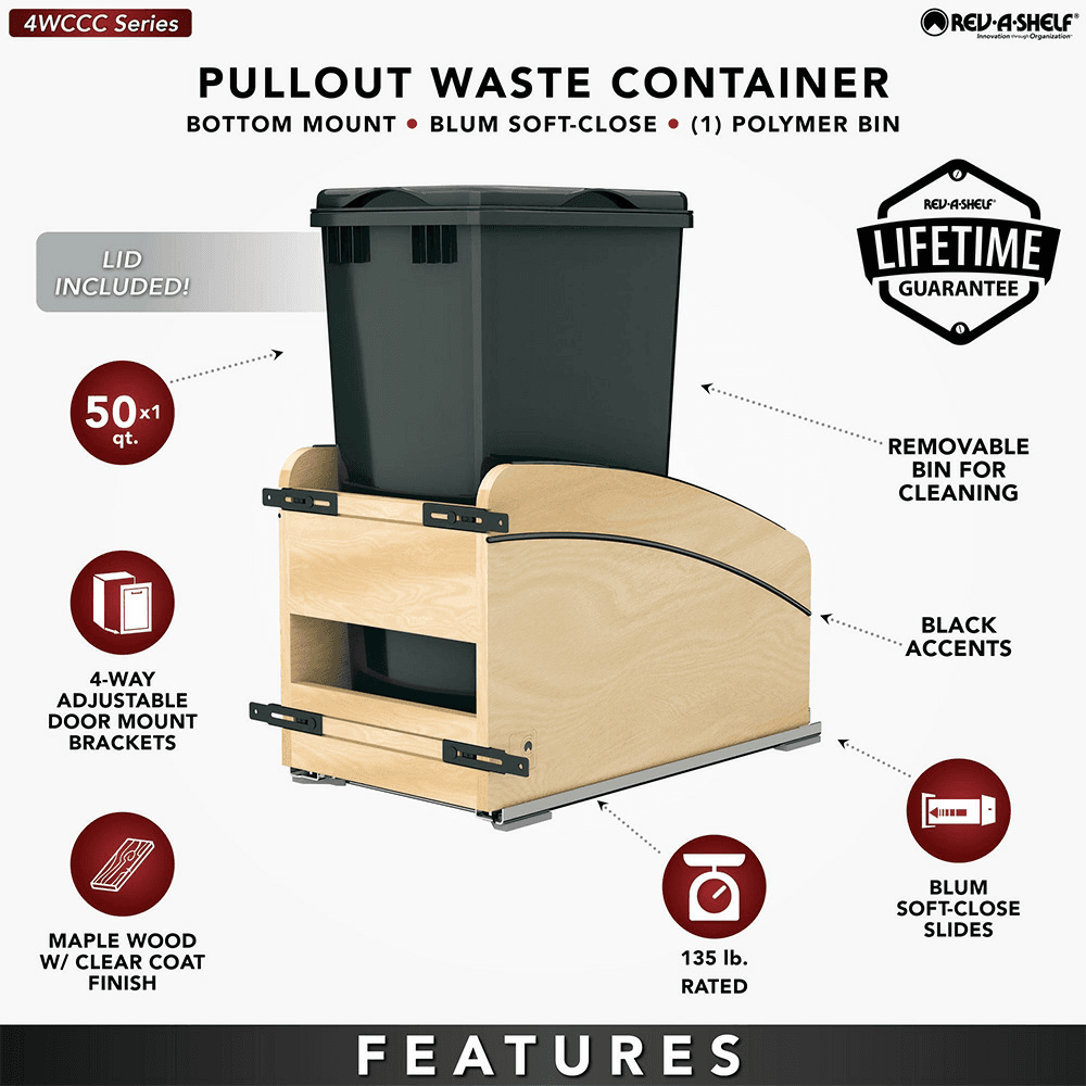 Single 50 Qt. Craftsman Collection Bottom Mount Pullout Waste Container, Black Alt 7 - Image