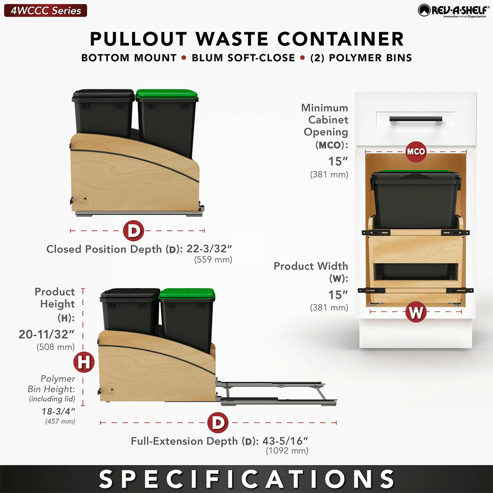 Double 35 Qt. Craftsman Collection Bottom Mount Pullout Waste Container, Black Alt 6 - Image