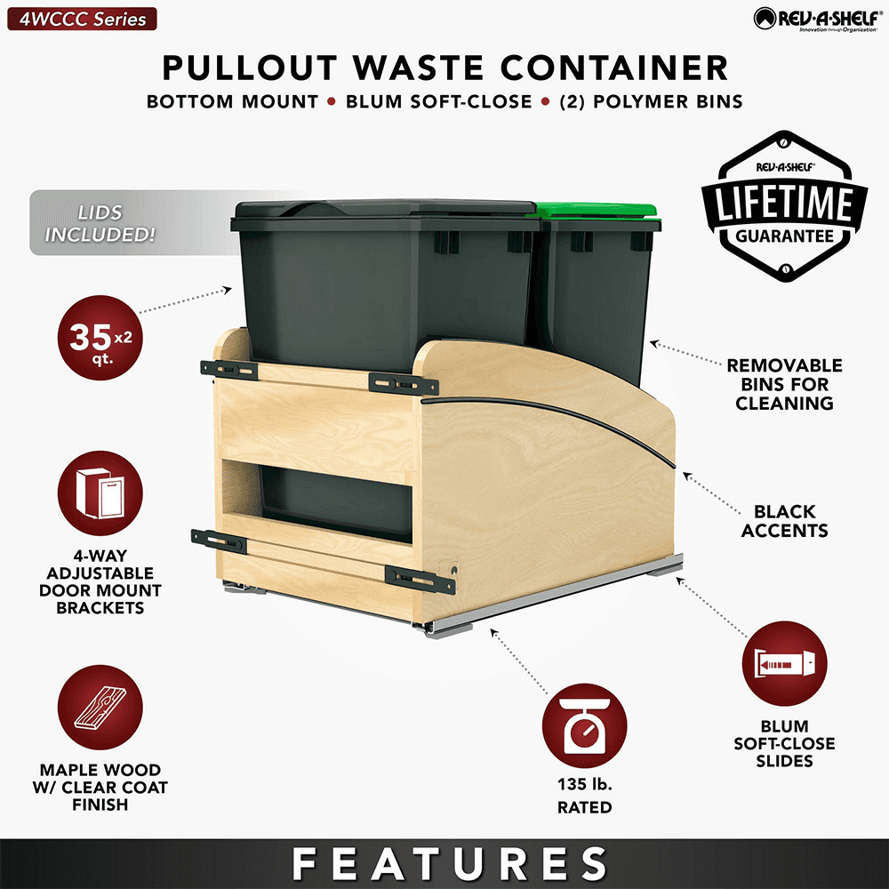 Double 35 Qt. Craftsman Collection Bottom Mount Pullout Waste Container, Black Alt 7 - Image