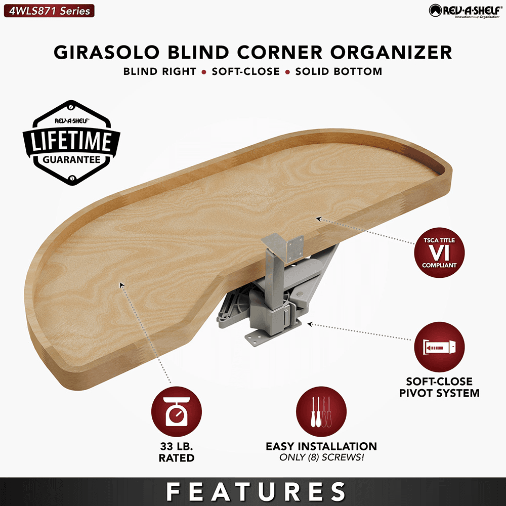 Single-Tier Girasolo Left-Hand Wood Classic Shelves Blind Corner Optimizer with Soft-Close for 15" Corner Cabinet, Light Brown Alt 4 - Image