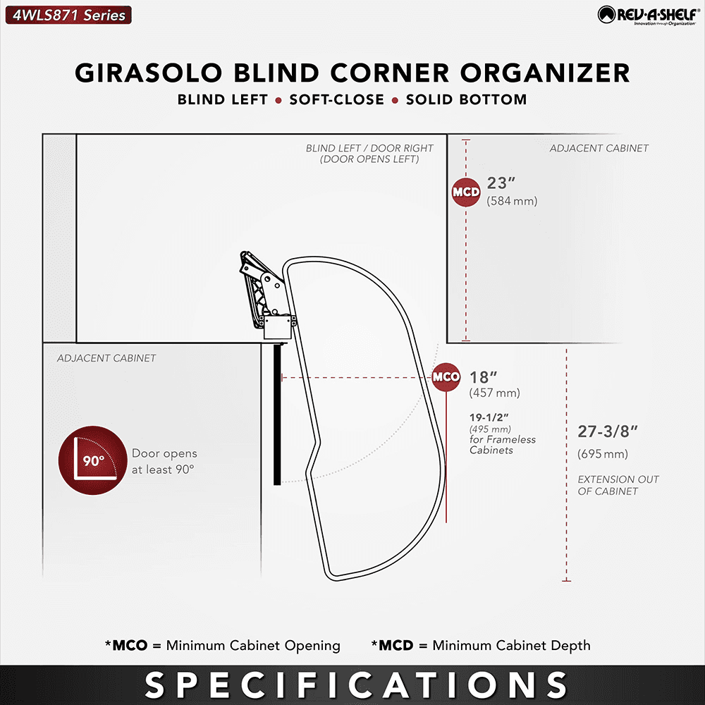 Single-Tier Girasolo Right-Hand Wood Classic Shelves Blind Corner Optimizer with Soft-Close for 18" Corner Cabinet, Light Brown Alt 2 - Image