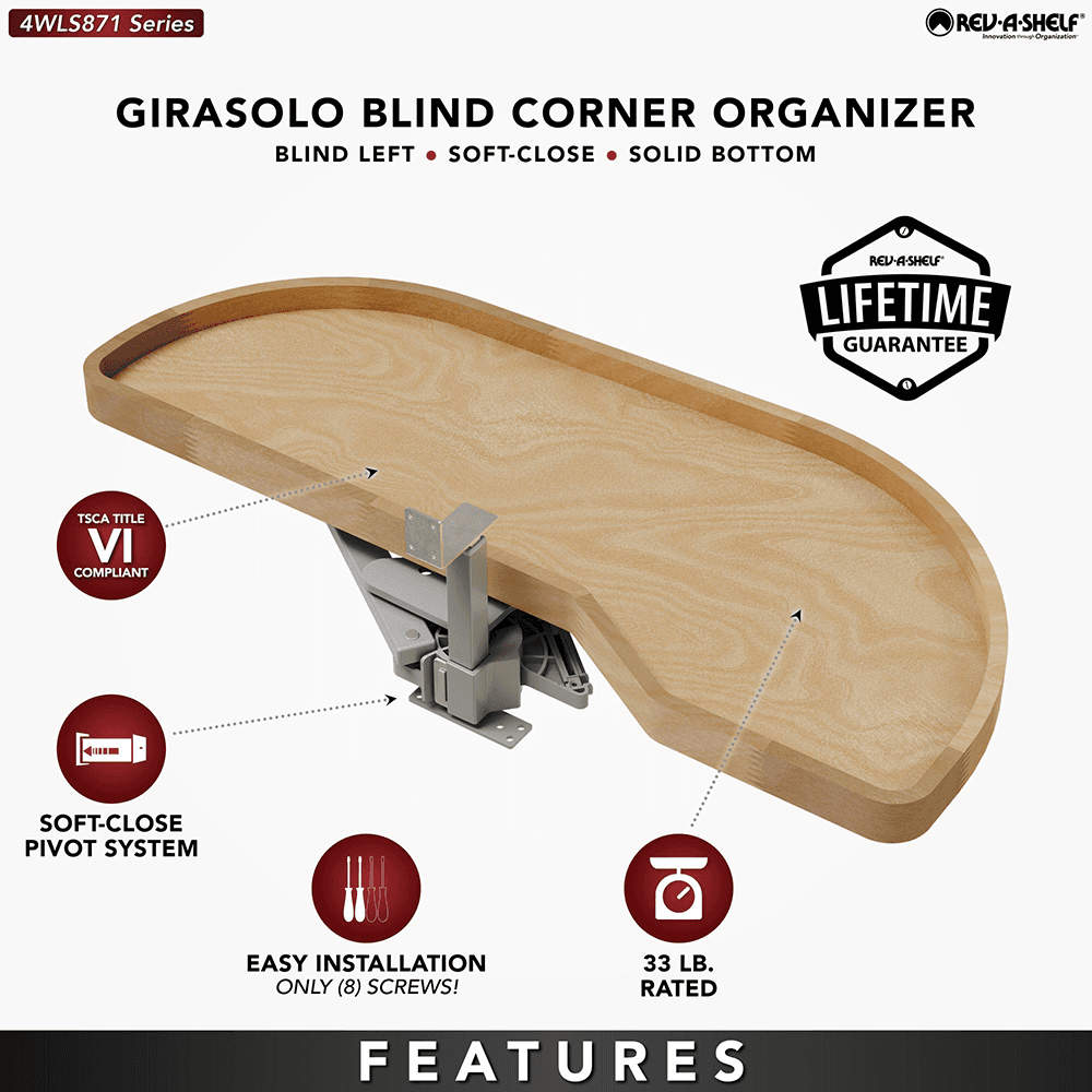 Single-Tier Girasolo Right-Hand Wood Classic Shelves Blind Corner Optimizer with Soft-Close for 18" Corner Cabinet, Light Brown Alt 4 - Image