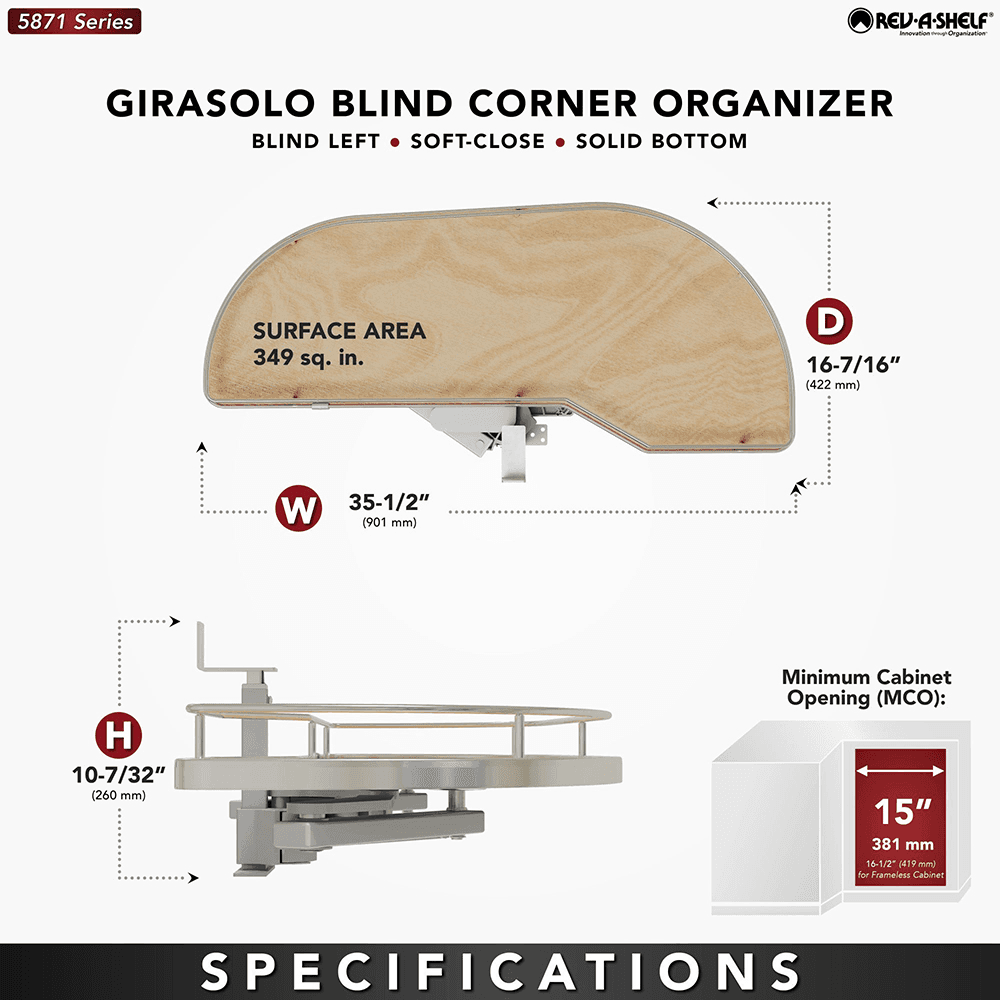 Single-Tier Girasolo Right-Hand Wood Classic Shelves Blind Corner Optimizer with Soft-Close for 15" Cabinet Opening, Light Brown Alt 2 - Image