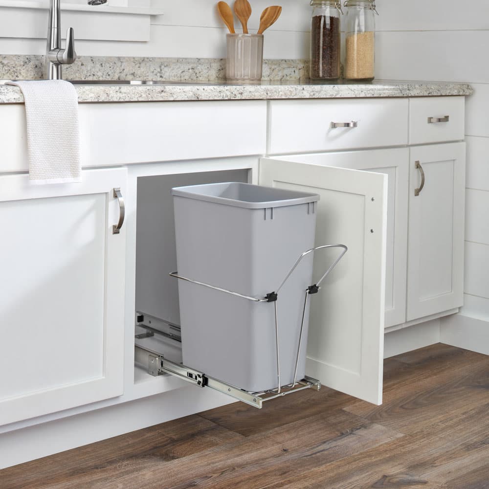 Single 32 QT Bottom-Mount Waste Container Pullout, Ball-Bearing for 12" Base Cabinets, Gray - Lifestyle