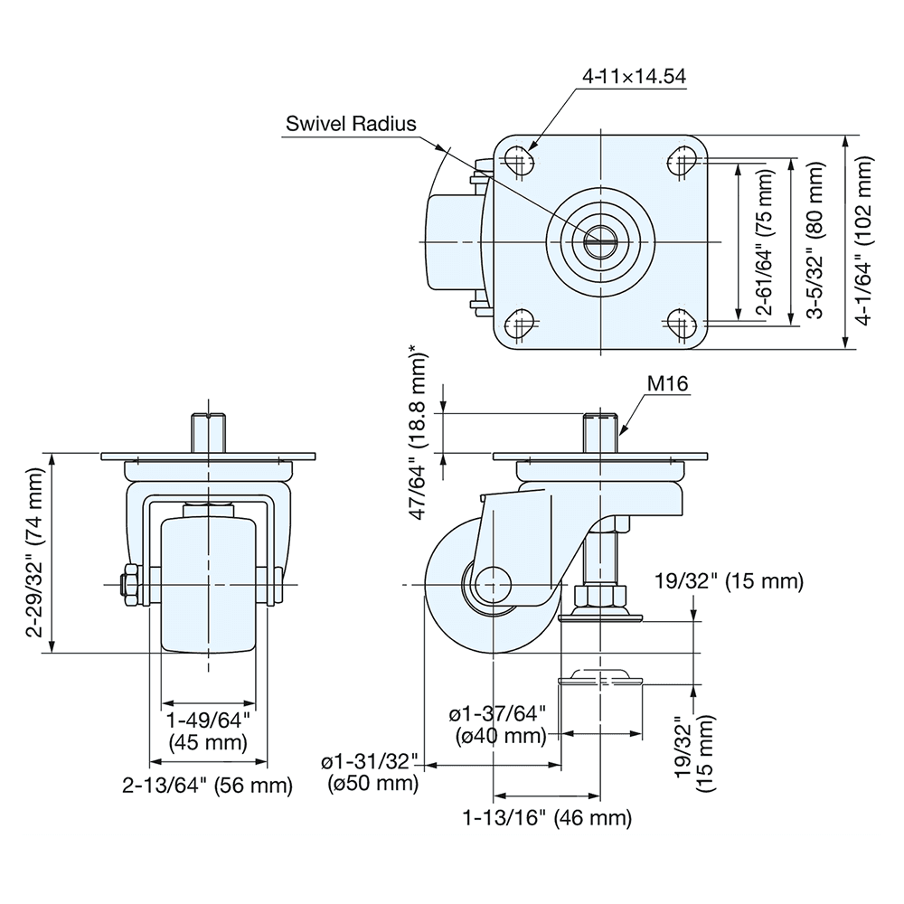 4-1/64" x 50mm Rubber Swivel Caster with Leveling Glide, Chrome Alt 4 - Image