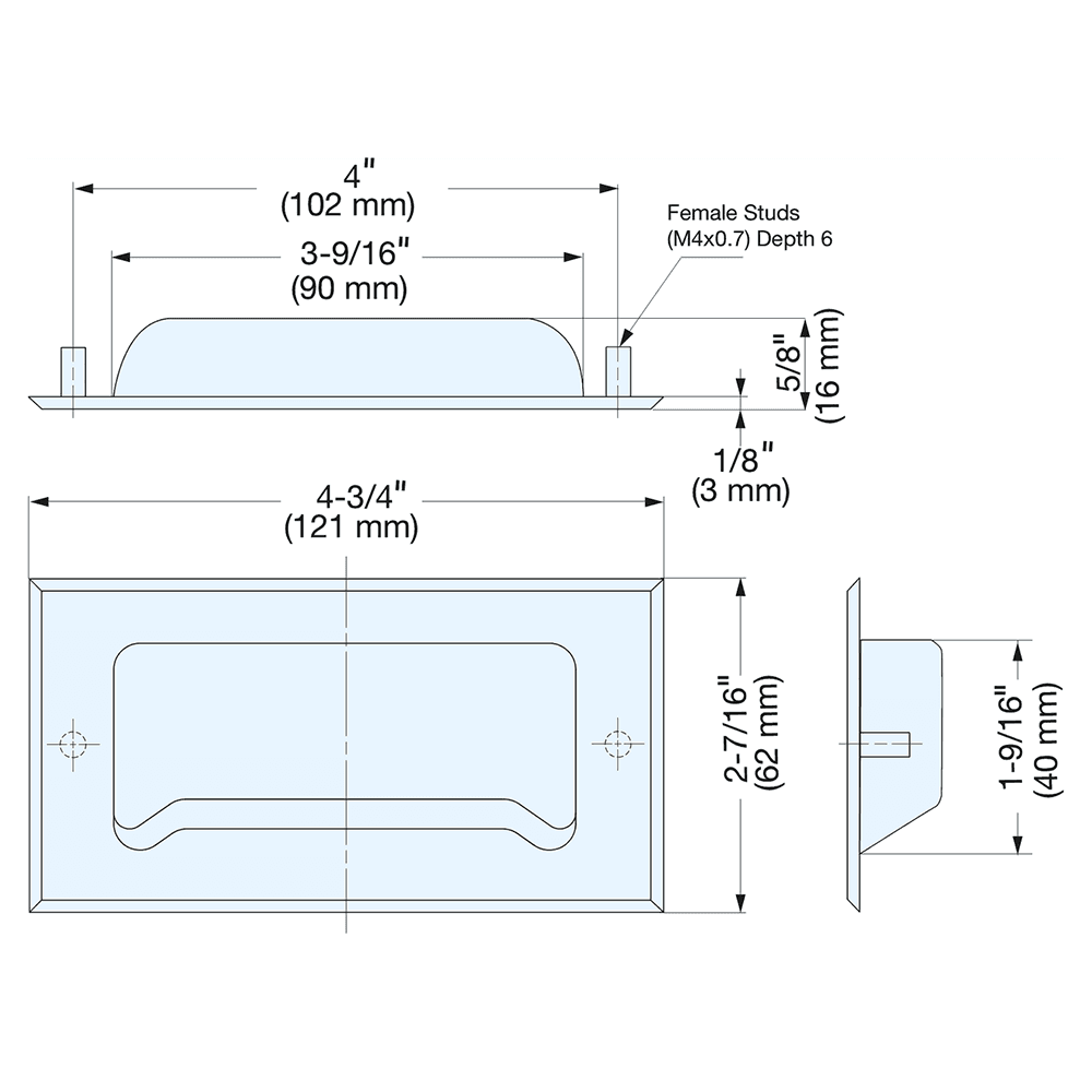 4" Flush Pull with Female Stud M4 x 25 Screw, Satin Alt 3 - Image