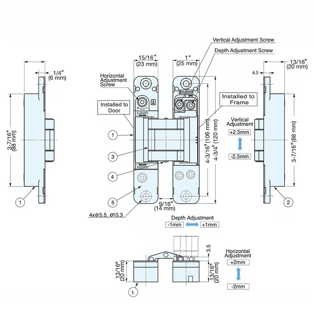 HES3D-120 3-Way Adjustable Concealed Hinge, Dull Nickel Alt 24 - Image