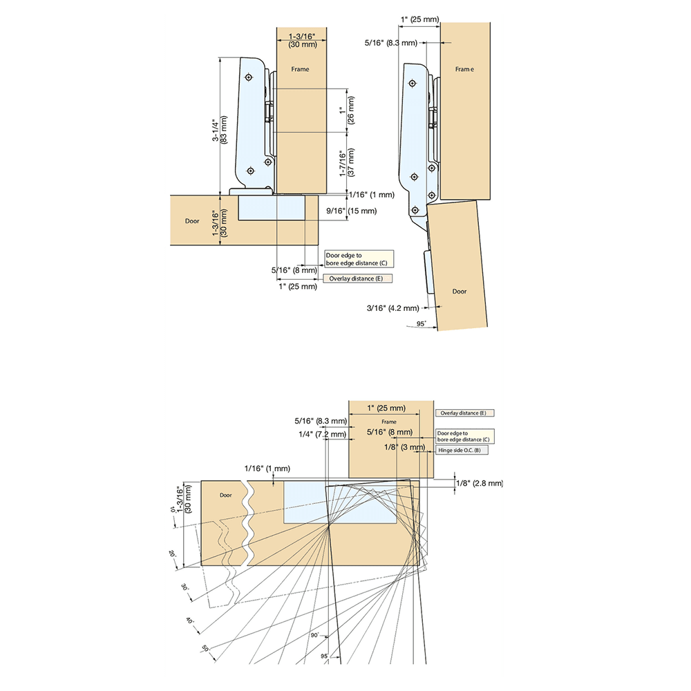 93° Opening Standard Euro Hinge, Self Closing, 1" Overlay, Nickel Alt 9 - Image