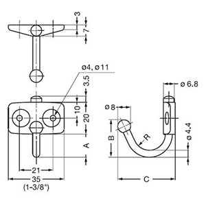 Sugatsune 36mm x 38mm Swing Hook with 180˚ swiveling feature and stainless steel screws