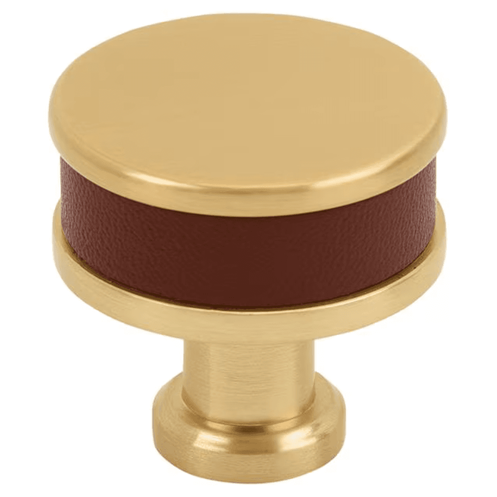 32mm Fairlane Cabinet Knob, Brown Leather/Champagne Bronze