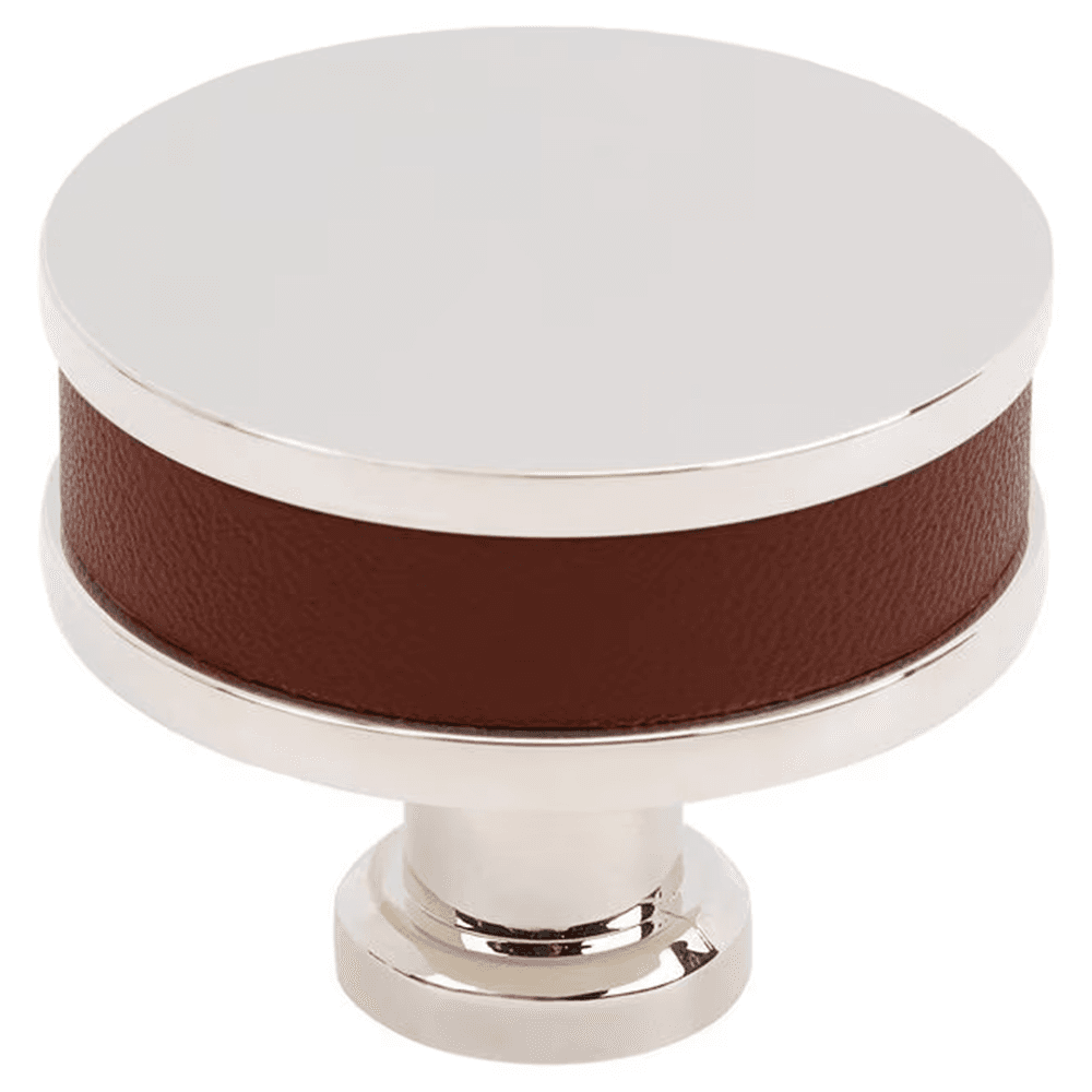 38mm Fairlane Cabinet Knob, Brown Leather/Polished Nickel
