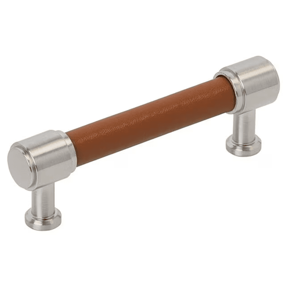 96mm Fairlane Cabinet Pull, Cognac Leather/Satin Nickel