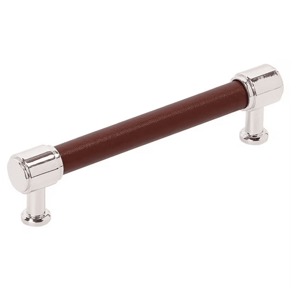 128mm Fairlane Cabinet Pull, Brown Leather/Polished Nickel