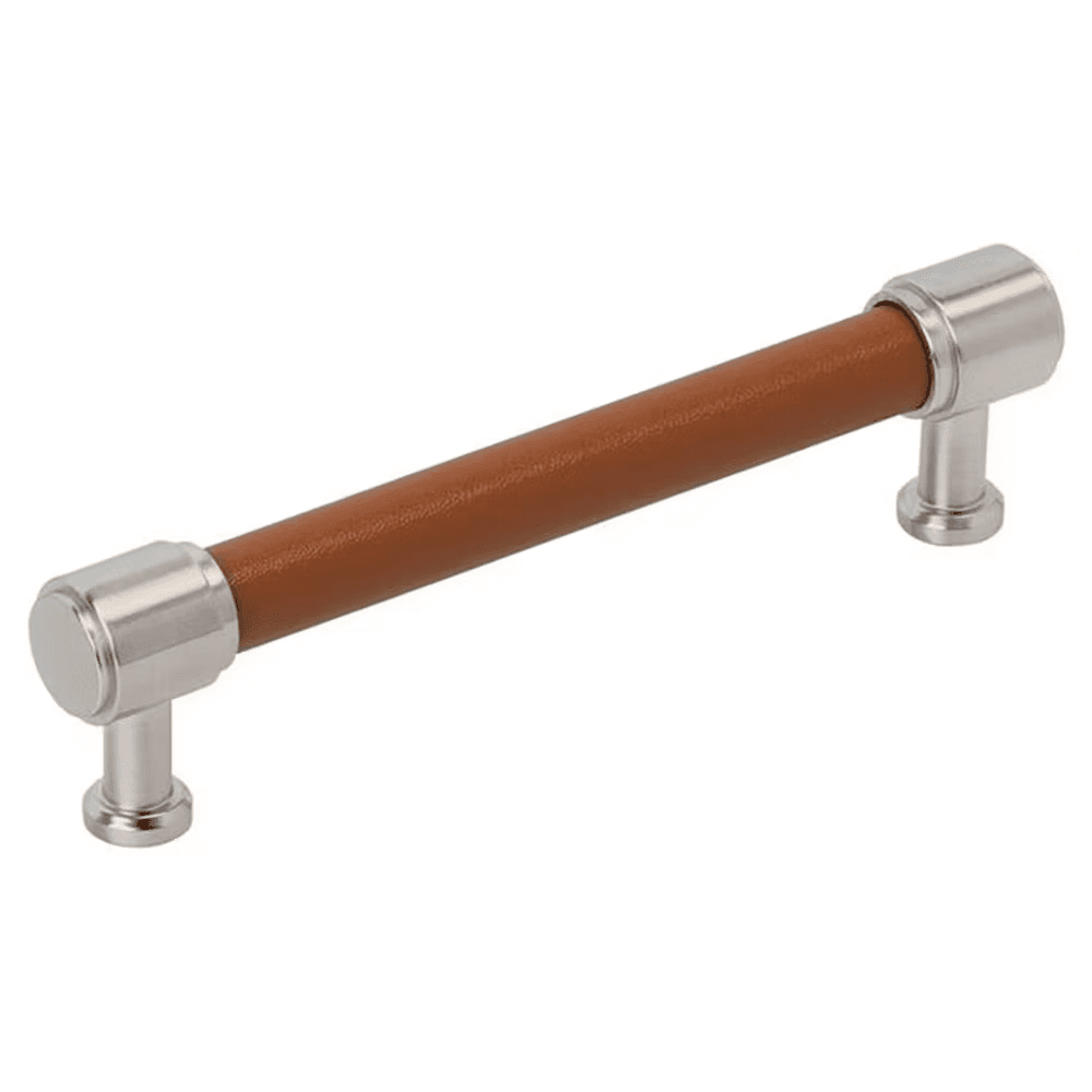 128mm Fairlane Cabinet Pull, Cognac Leather/Satin Nickel