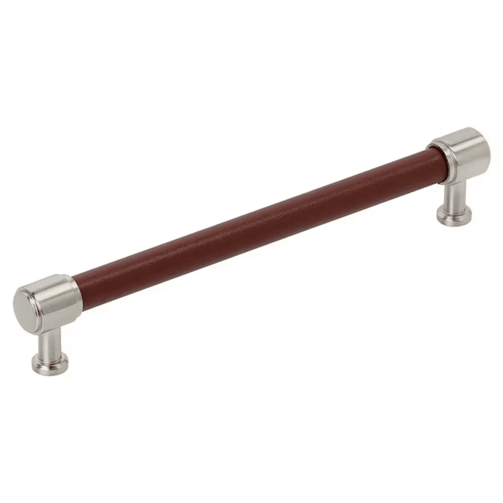 192mm Fairlane Cabinet Pull, Brown Leather/Satin Nickel