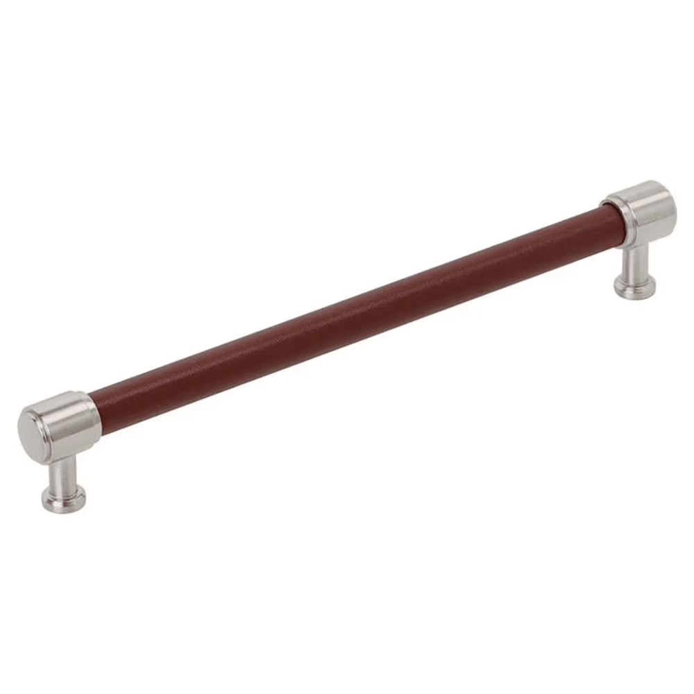 224mm Fairlane Cabinet Pull, Brown Leather/Satin Nickel