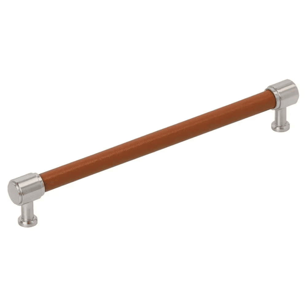 224mm Fairlane Cabinet Pull, Cognac Leather/Satin Nickel