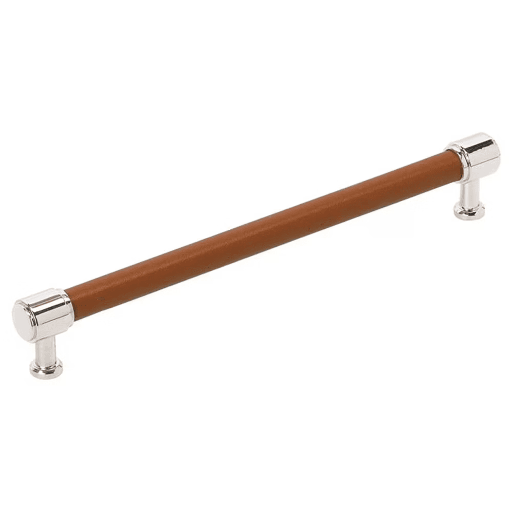 224mm Fairlane Cabinet Pull, Cognac Leather/Polished Nickel