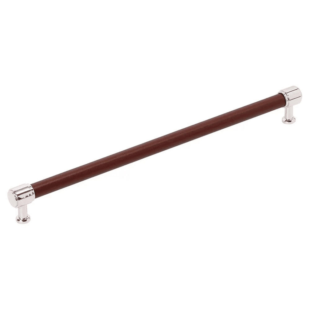 320mm Fairlane Cabinet Pull, Brown Leather/Polished Nickel