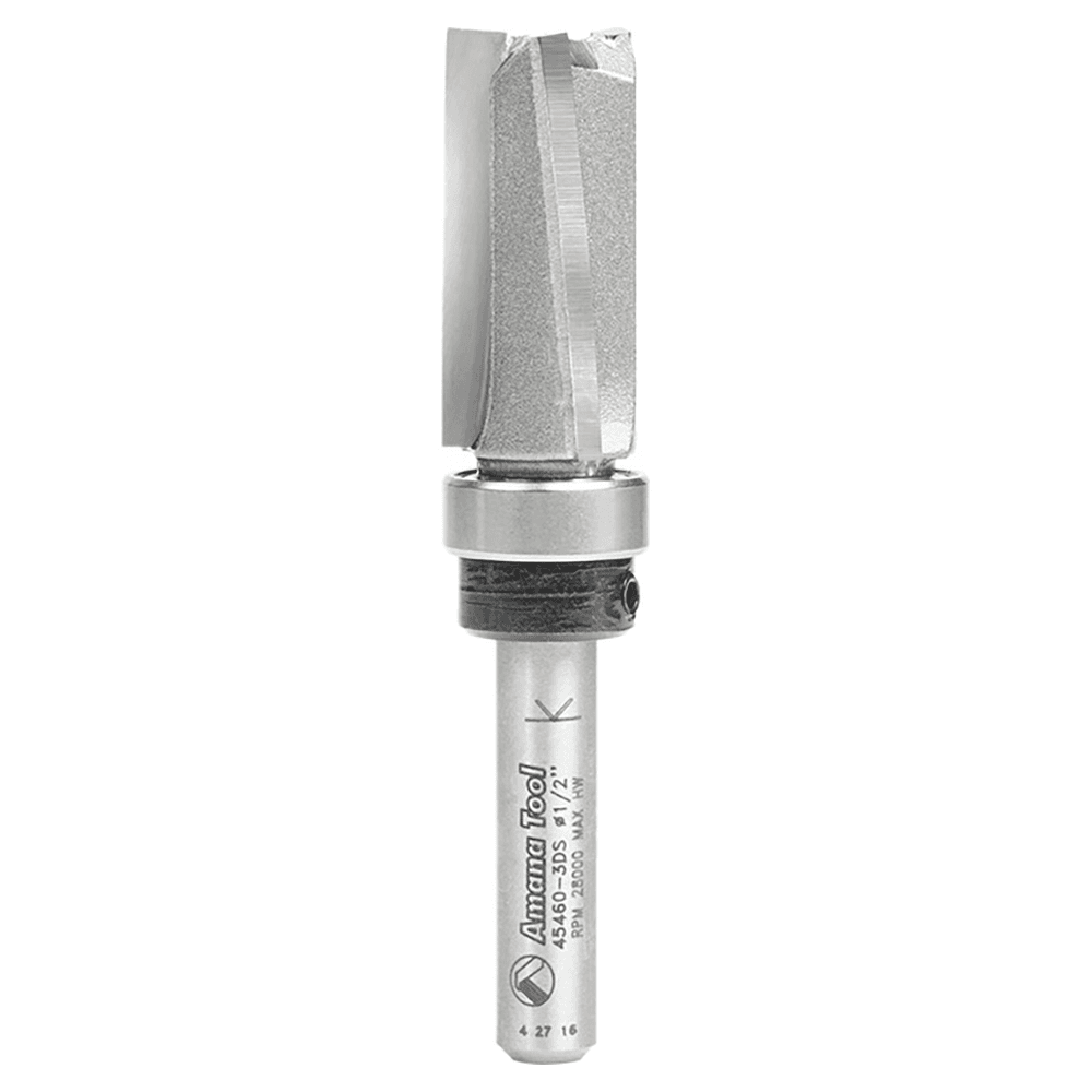 1/2" x 2-1/2" Down Shear Flush Trim Plunge Template Router Bit with Upper Ball Bearing, 3-Flute, 1/4" Shank