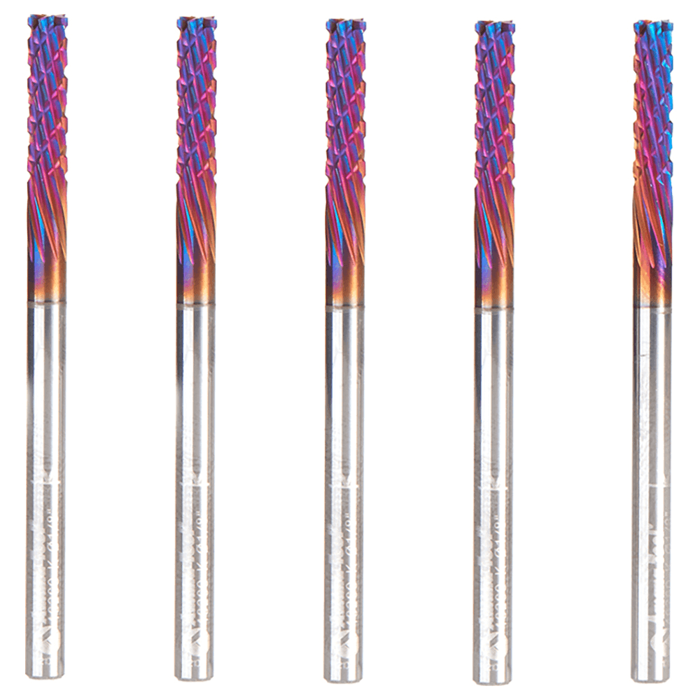 1/8" x 2mm 5-Piece Solid Carbide CNC Spektra Extreme Tool Life Coated Down-Cut Spiral Router Bit, 10-Flute, 1/8" Shank