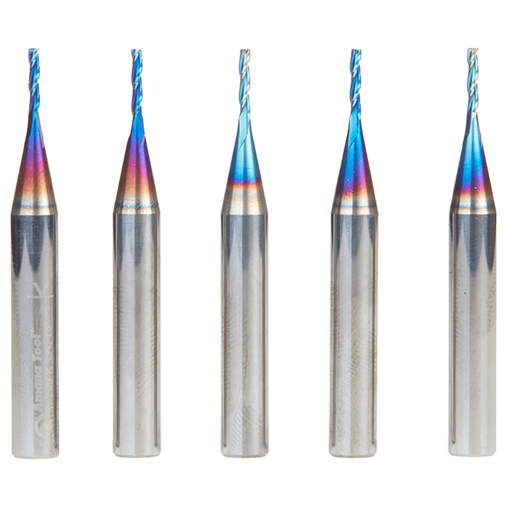 1/16" x 2" 5-Piece CNC 2D/3D Carving 0.10° Flat Bottom Up-Cut Spektra Extreme Tool Life Coated Spiral Router Bit, 3-Flute, 1/4" Shank