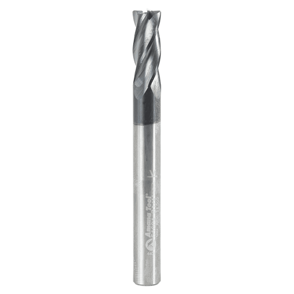 1/4" Dia x 5/8" CNC Solid Carbide Spiral Router Bit for Steel/Stainless Steel with AlTiN Coating 4-Flute, 1/4" Shank, 2-3/8" Long Up-Cut Router Bit, 45º Corner Chamfer End Mill