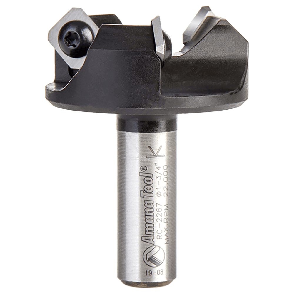 RC-2267 1-3/4" x 3/4" CNC Insert Carbide 3 Wing/Flute, Heavy Duty Spoilboard Plunging, Surfacing, Planing, Flycutter/Slab Leveler Router Bit, 1/2" Shank