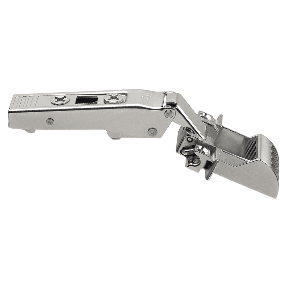 Clip Top 120° Opening Narrow Aluminum Door Hinge, 45mm Bore Pattern, Self-Closing, Full Overlay, Nickel-Plated, Screw-On