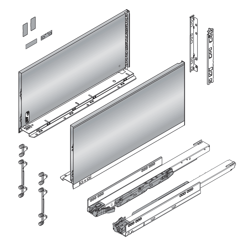22" Legrabox Drawer System F Height, 9-1/2", 125lb Capacity Full-Extension with BLUMOTION, Stainless Steel