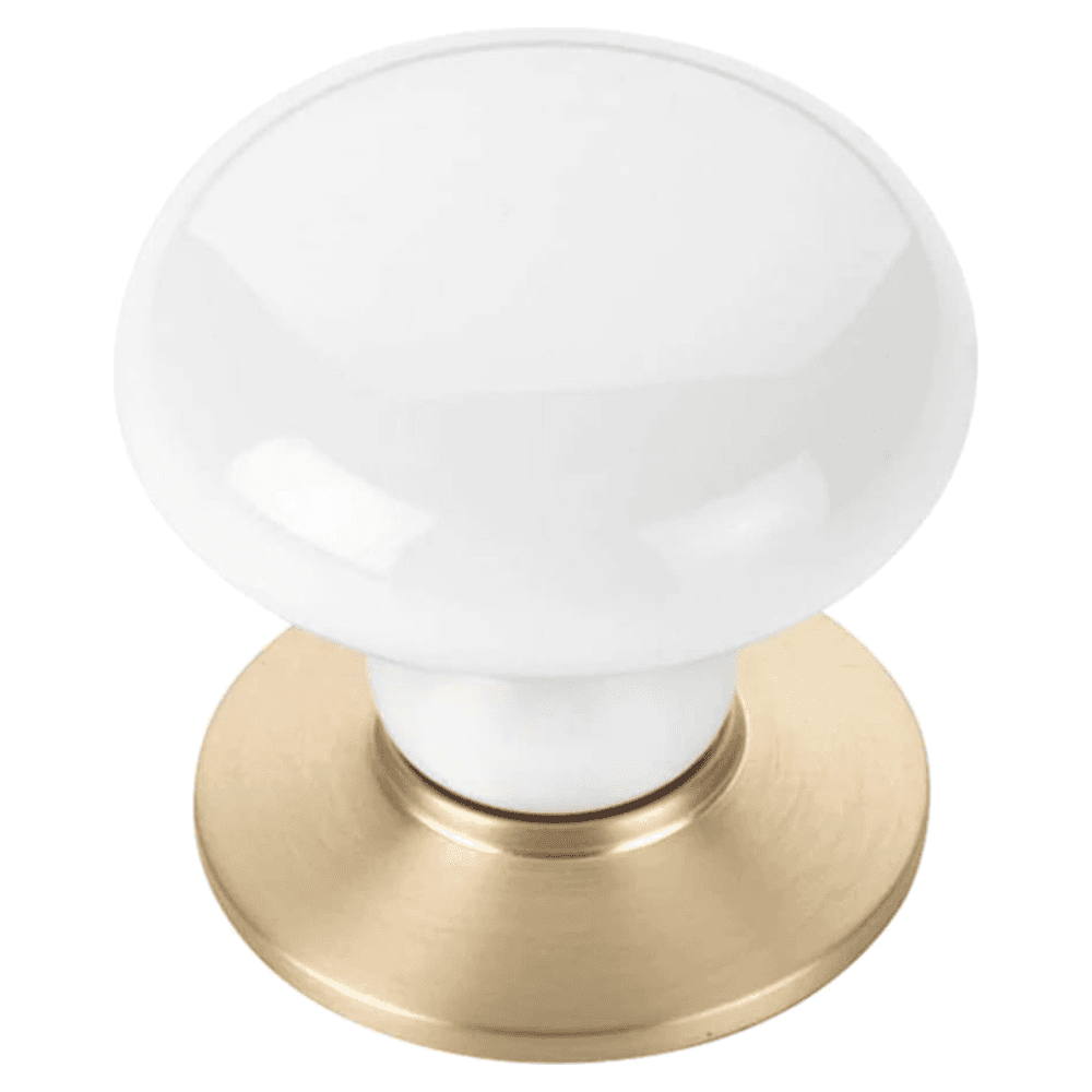 86001US4 1-3/8" Porcelain Cabinet Knob, Satin Brass/Ice White