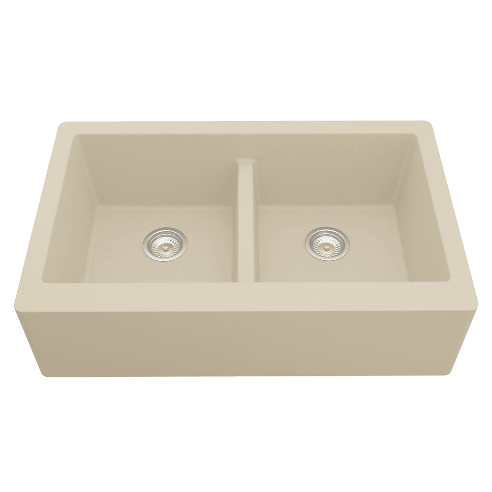 QA-750 Quartz Under Mount Double Bowl with Apron Kitchen Sink, 34" x 21-1/4" x 9", Bisque