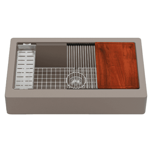 Quartz QARWS Retrofit Farmhouse/Apron Front Large Single Bowl Workstation Kitchen Sink, 34" x 21-1/4" x 9", Concrete