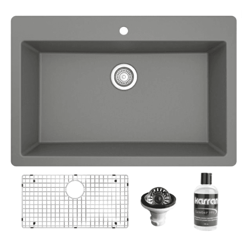 Quartz Top Mount/Drop-In Large Single Bowl Kitchen Sink Kit, 33" x 22" x 9", Gray