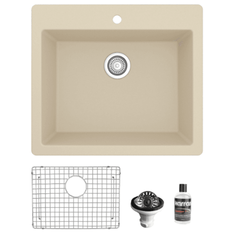 Quartz Top Mount/Drop-In Single Bowl Kitchen Sink Kit, 25" x 22" x 9", Bisque