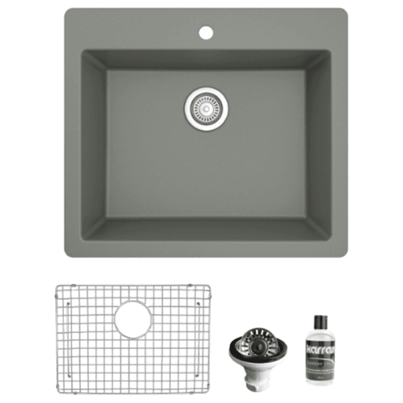 Quartz Top Mount/Drop-In Single Bowl Kitchen Sink Kit, 25" x 22" x 9", Gray