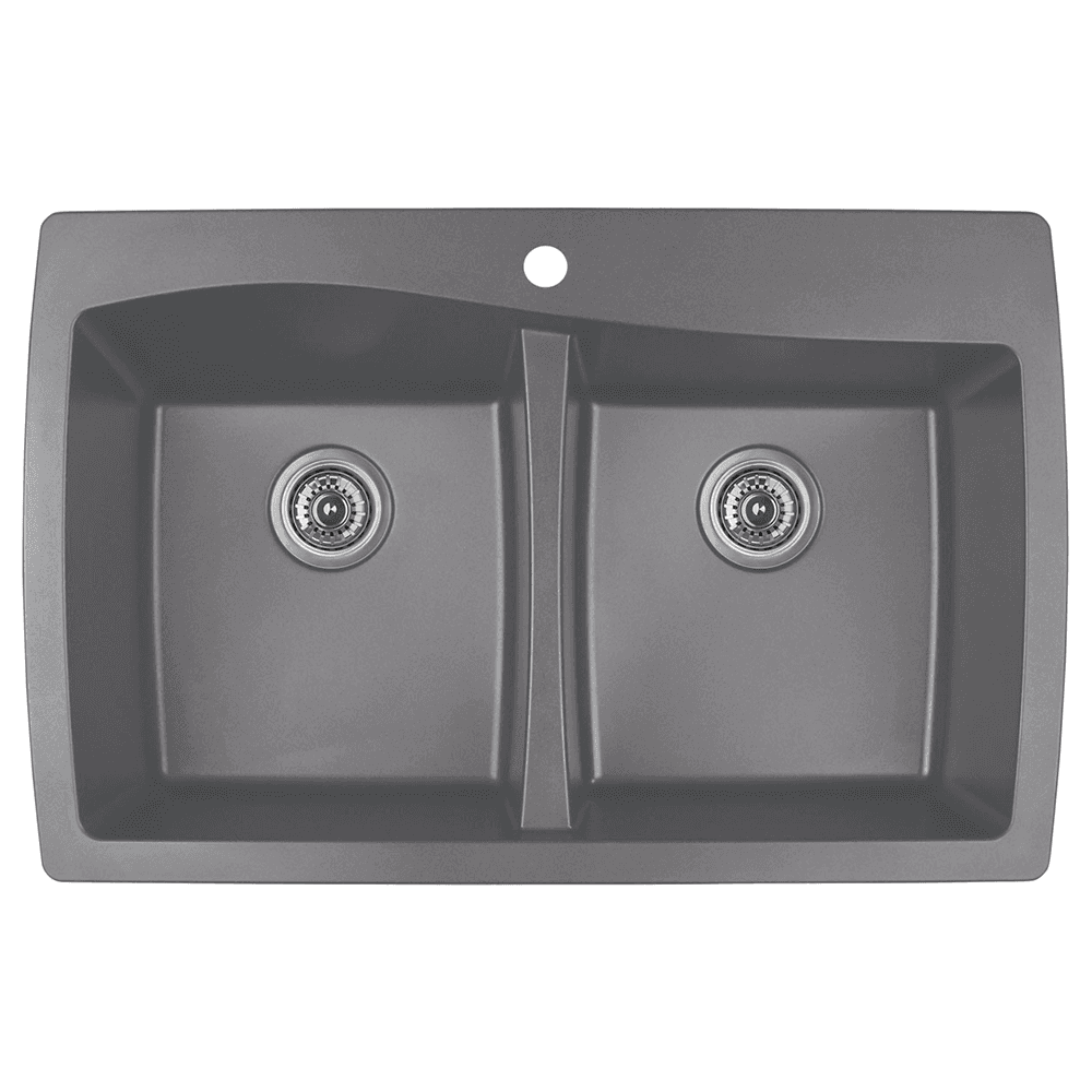 QT-720 Quartz Top Mount Double Equal Bowl Kitchen Sink, 34" x 22" x 9", Gray