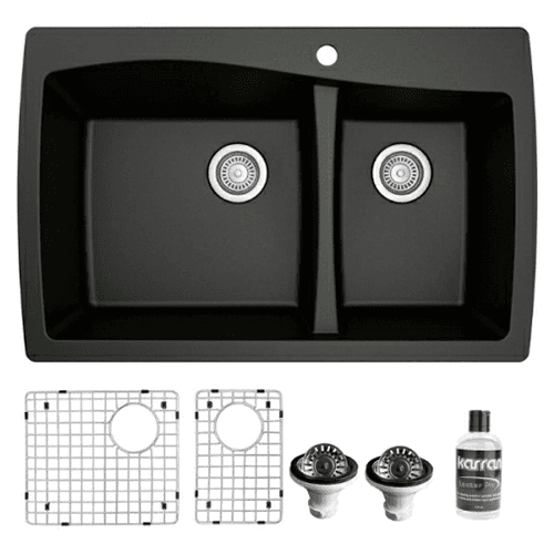 QT-721 Quartz Top Mount/Drop-In Large/Small Bowl Kitchen Sink Kit, 34" x 22" x 9", Black