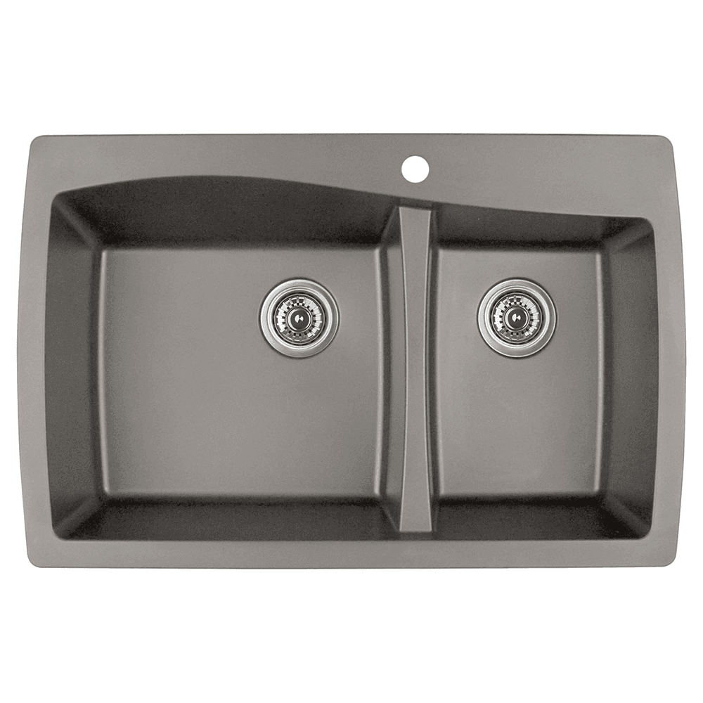 QT-721 Quartz Top Mount Large/Small Bowl Kitchen Sink, 34" x 22" x 9", Concrete