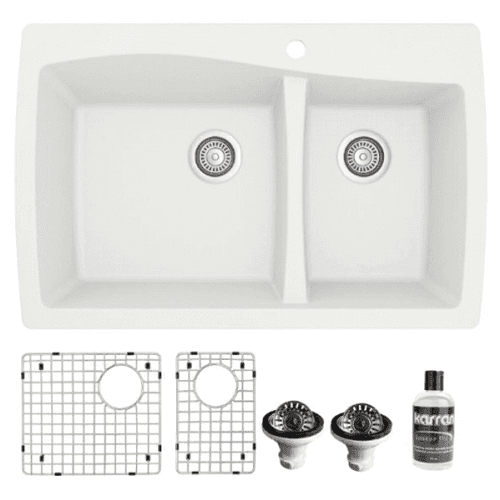 QT-721 Quartz Top Mount/Drop-In Large/Small Bowl Kitchen Sink Kit, 34" x 22" x 9", White